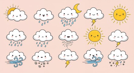 Adorable Weather Icons Collection: Cute Cartoon Clouds, Sun, Moon, Rain, Snow, Wind, and Lightning Illustrations