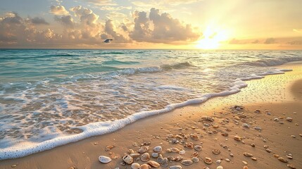 Serene sunrise beach scene with gentle waves, seashells, and soaring bird