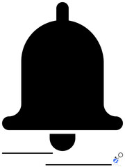 Black bell design with motion lines signifying alerts or reminders. Small figure with magnifier suggests investigation. Ideal for notifications, alerts, updates, reminders, awareness, research