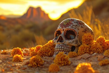 Decorated sugar skull amidst marigolds at sunset, symbolizing the Day of the Dead in a vibrant, festive atmosphere.