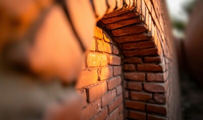 Naklejka premium Golden light illuminates an arched opening in a weathered red brick wall creating a warm scene.
