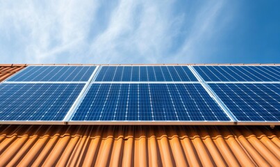 A modern solar panel array sits atop a terracotta tiled roof against a clear blue sky.