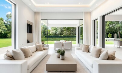 Fototapeta premium A modern living room seamlessly connects indoor and outdoor spaces with large glass doors and minimalist design.