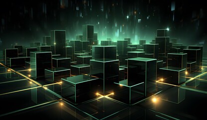 Abstract Geometric City with Illuminated Cubes and Grid Network Background