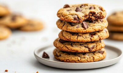 A stack of chocolate chip cookies showcases a tempting treat, perfect for indulging any time.