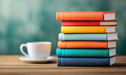 Naklejka premium A vibrant stack of colorful books rests beside a steaming cup of coffee on a wooden table.