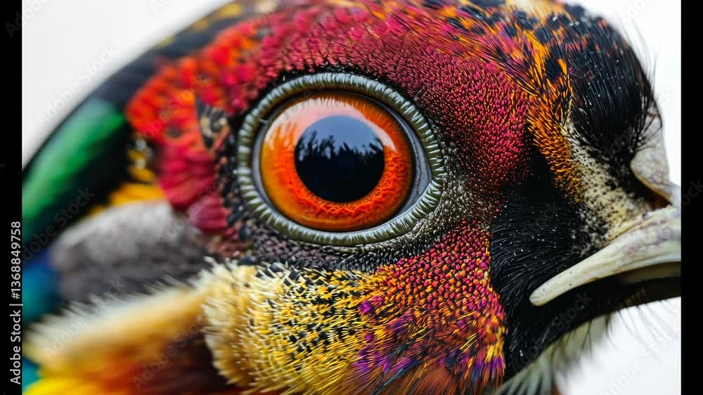 Poster close-up of a colorful bird's eye with intricate details.