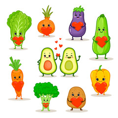 Cute cartoon vegetables on a white. Funny vegetables with heart. Potato, eggplant, onion, Chinese cabbage, carrot, avocado, broccoli and zucchini in flat style.
