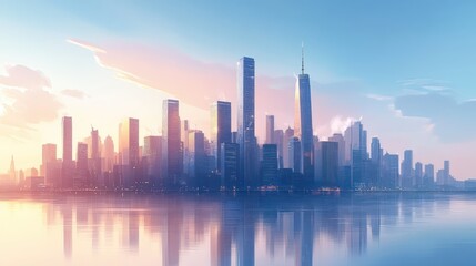 Fototapeta premium Serene Cityscape at Dawn: A Breathtaking Panorama of Modern Architecture Reflected in Calm Waters