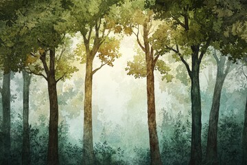 Serene watercolor forest with tall trees and misty light