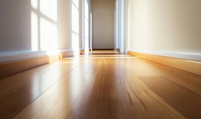 Obraz premium Sunlight illuminates the polished hardwood floor in a bright, modern hallway, creating a clean and inviting space.