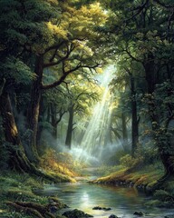 Serene woodland stream with sunlight filtering through lush green forest canopy