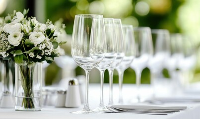 Elegant table setting showcases wine glasses and a delicate white flower arrangement.