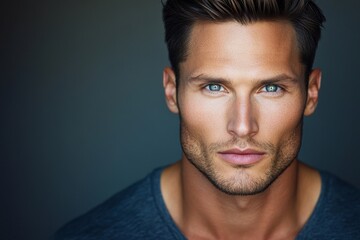 Obraz premium A shirtless young Caucasian man is posed against a grey studio backdrop, symbolizing men's health, beauty, and self-care through his physique and skin