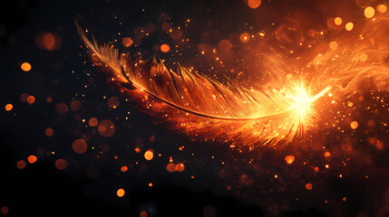 A glowing ember feather floats gently on a dark, mysterious background with subtle starlight effects , spark, dark, spark. Subtle Embers. Illustration
