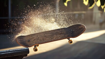 Skateboard mid-air trick with dust burst in golden sunlight © Iris’s Dreamscapes