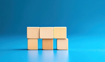 Obraz premium Seven wooden cubes are stacked on a blue background, perfect for adding your own text or graphics.