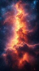 Bright cosmic nebula glows with vibrant orange and blue hues in an expansive starry sky during deep space observation