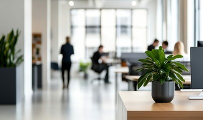 Fototapeta premium Bright and modern office space fosters collaboration, featuring a healthy plant on a wooden desk.