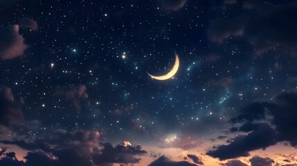 Crescent moon in a starry night sky