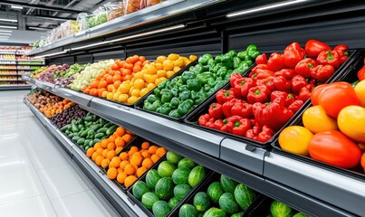 Obraz premium Colorful fresh vegetables and fruits are neatly displayed on shelves in a supermarket.