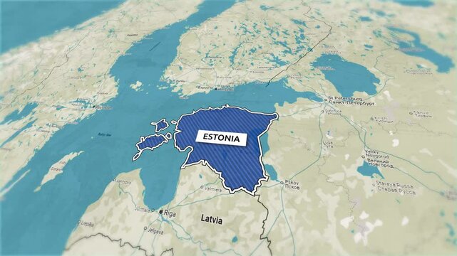 Borders of the state of Estonia on the map. Country Estonia on the map is highlighted by a polygonal border. From above zooming in with panoramic view