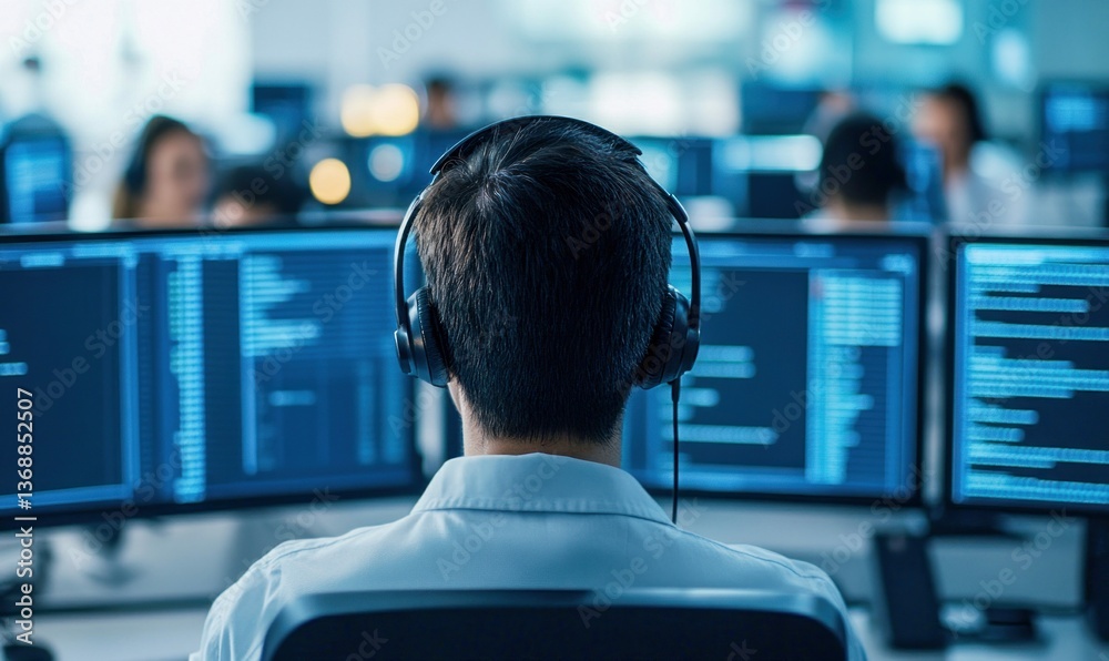 Poster man with headphones intently working on a computer surrounded by multiple screens in office.