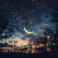 Naklejka premium Crescent moon over starry forest at twilight