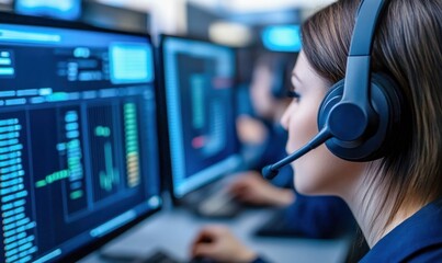 A focused technical support operator with a headset is working at her computer station.