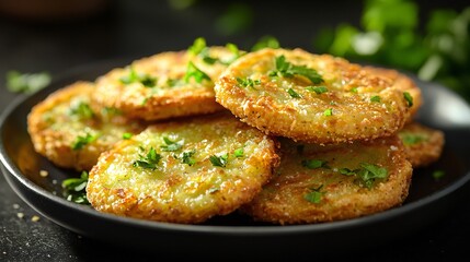 Delicious crispy fried zucchini fritters seasoned with fresh parsley served on a dark plate a perfect vegetarian appetizer or side dish