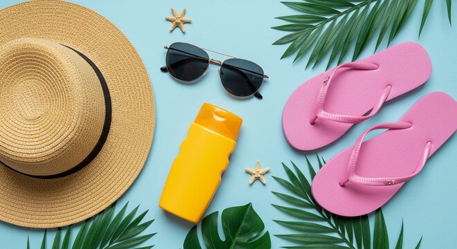 Flat lay of summer beach essentials with straw hat, sunglasses, sunscreen bottle, pink flip flops, starfish and tropical leaves on blue background, vacation and travel concept.