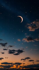 Crescent moon, twilight sky, starry night