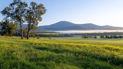 Fototapeta premium Yellow wildflowers bloom in lush field, mountains misty in background