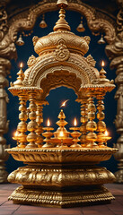 Fototapeta premium Navaratri product display background podium, Shakti Mandap, golden intricate carvings, grand temple mandap decorated with bells, marigold garlands, oil lamps, divine yantra pattern, Goddess Durga, ad