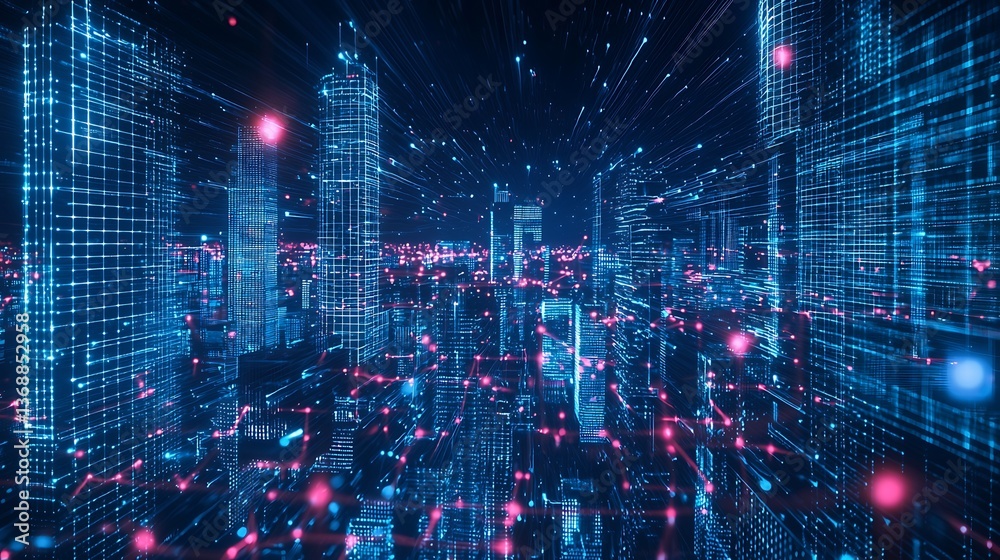 Poster futuristic city skyline, data network overlay. digital cityscape, illuminated by glowing lines and p