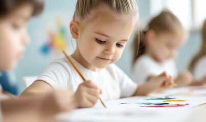 Fototapeta premium A cute young girl is happily painting with watercolors in a bright classroom, expressing her creativity.