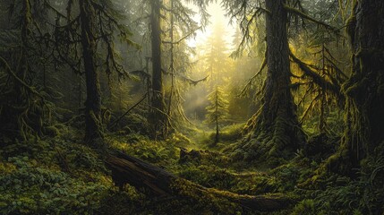 Fototapeta premium Sunlight through moss-covered trees in a lush green forest