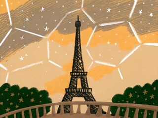 A minimalist hand-drawn Eiffel Tower silhouette at dusk, with geometric star constellations 
