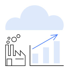 Factory emitting smoke alongside a bar graph with an upward arrow inside a cloud. Ideal for themes thumbs up industrial growth, cloud computing, sustainability, technology adoption, productivity