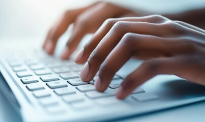 Dark-skinned hands quickly type on a white computer keyboard, showcasing productivity.