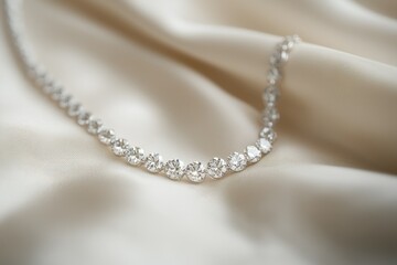 Elegant diamond necklace resting on soft, shimmering silk fabric. Sparkling jewelry against a luxurious background, perfect for bridal or formal occasions.