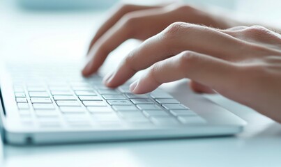 Fingers are typing on a laptop keyboard, showcasing modern technology and digital communication.