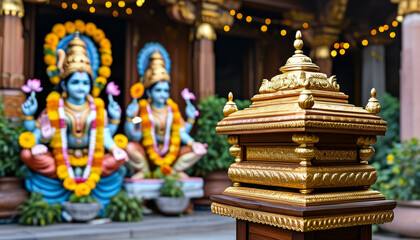 Fototapeta premium Diwali product display podium background, Temple of Prosperity, wooden, gold leaf detailing, traditional Indian temple courtyard, Goddess Lakshmi and Lord Ganesha, marigold garlands, lotus flowers