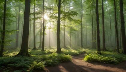 Obraz premium Misty morning path through a sunlit forest