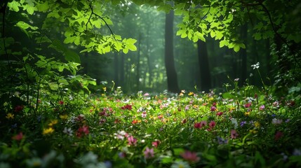 Obraz premium Sunlit forest path with vibrant wildflowers - serene nature scene