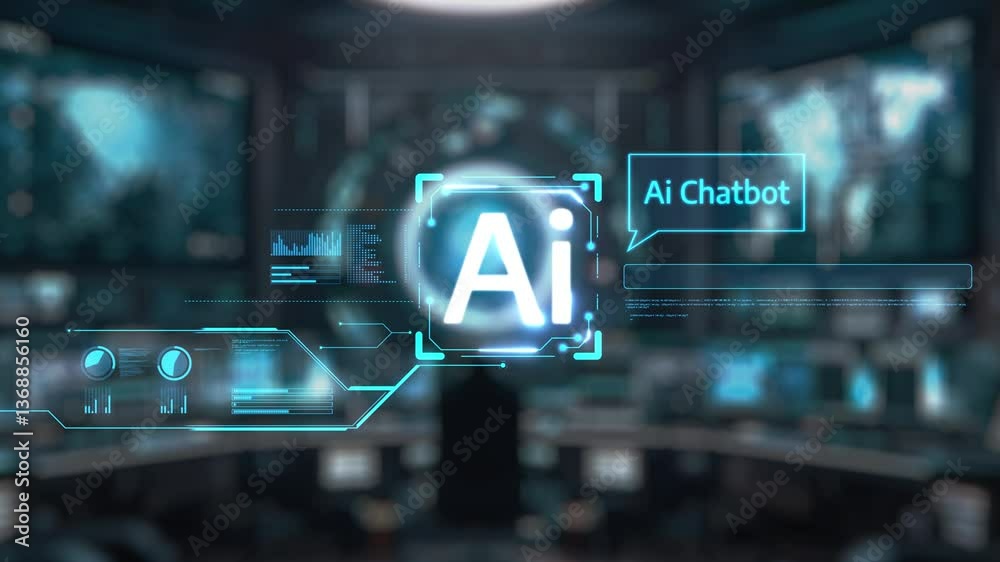 Poster a robotic arm points at a virtual screen displaying an ai chatbot interface, highlighting the blend 