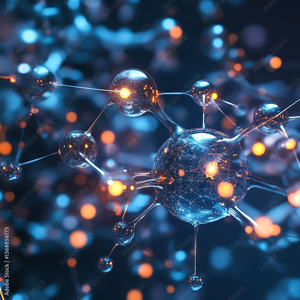 Poster abstract representation of molecular structure. complex interconnected network of transparent sphere
