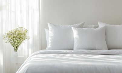 A neatly made bed invites relaxation with its plush pillows and a charming floral accent, all in pristine white.