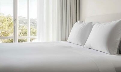 Serene bedroom features a perfectly made white bed with soft pillows near a bright window.