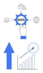 Hand interacting with gear labeled WMS, connected to logistics icons. Growth arrow, chart, and target for business success. Ideal for logistics, efficiency, software, supply chain planning